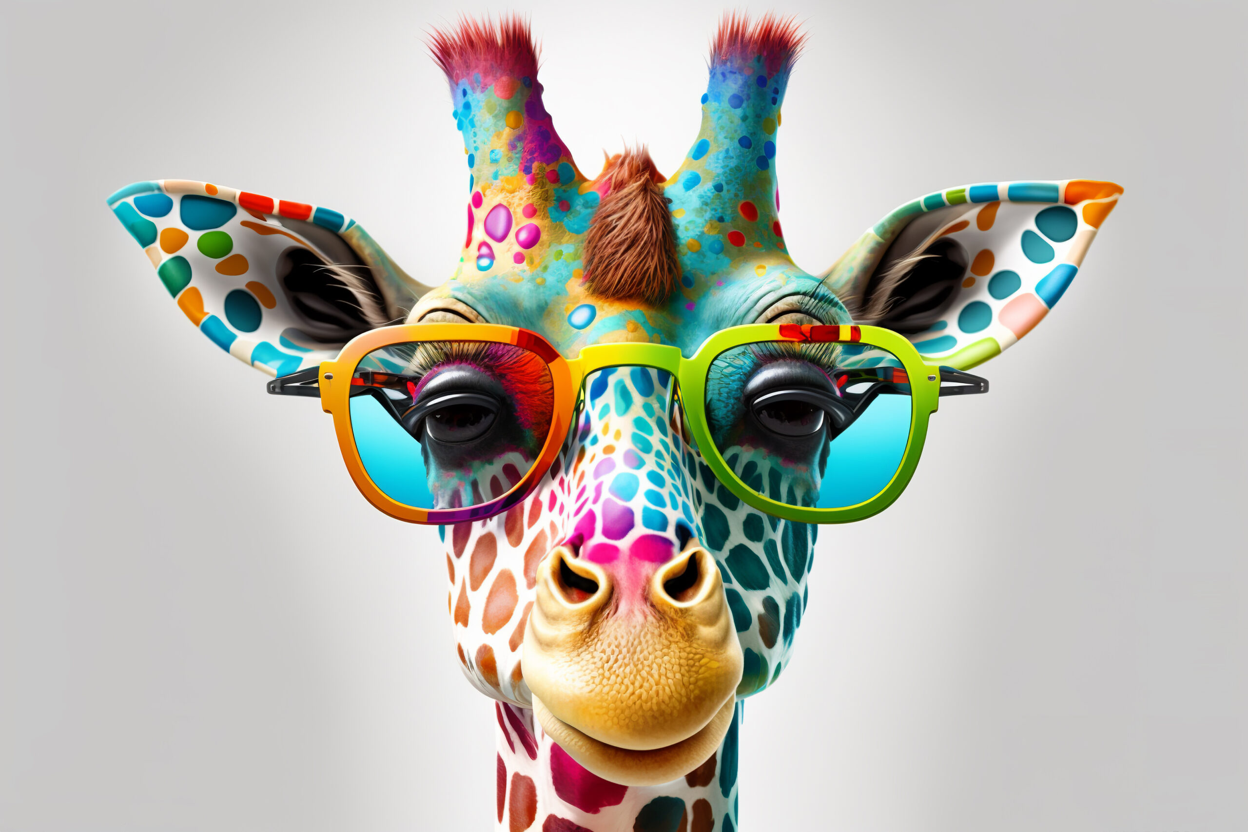 Kreatives Porträt einer bunt bemalten Giraffe mit Sonnenbrille – Ausdruckstarkes Keyvisual der Werbe-Blank GmbH für außergewöhnliches Design und mutige Werbeideen